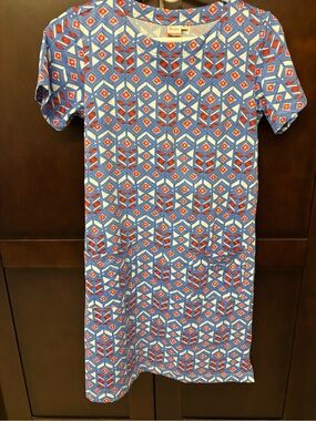 Persifor Carter Blue Geometric Shift Dress with Red Accents